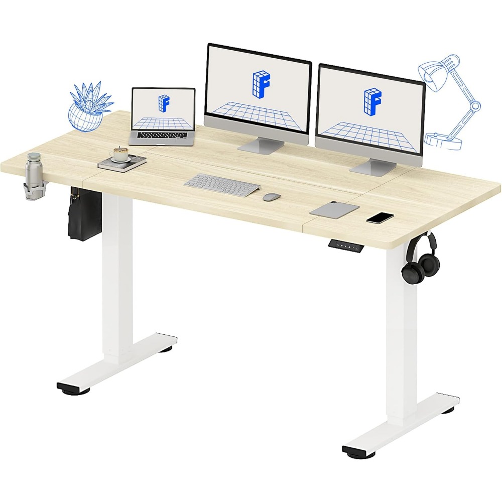 Desk Setup For Office - FLEXISPOT โต๊ะยืนไฟฟ้าขนาด 63x32 นิ้ว ลายไม้สีขาว |