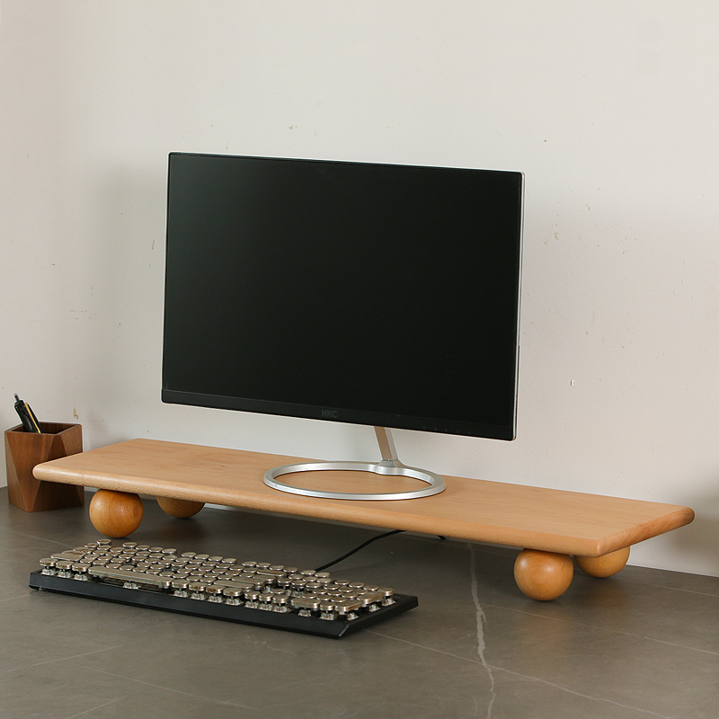 Desk Setup Natural - ไม้ธรรมชาติเดสก์ท็อป Riser Dual Monitor Stand พร้อมถาดเก็บประหยัดพื้นที่โต๊ะคอมพิวเตอร์สําหรับ