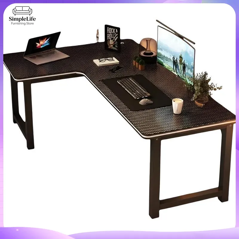 L Shaped Desk Setup - โต๊ะคอมพิวเตอร์สำหรับเล่นเกม โต๊ะทำงานมุมพร้อมชั้นวางของสำหรับติดตั้งพีซี ใช้ในบ้าน สำนักงาน ห้องอ่านหนังสือ ห้องนอน