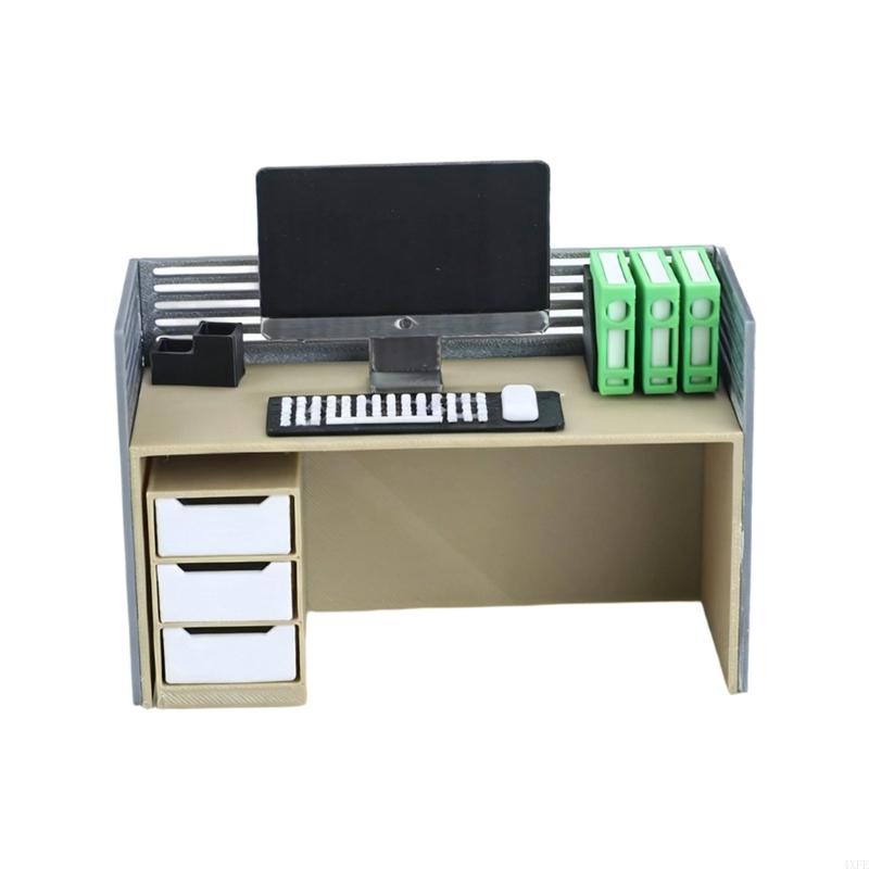 Desk Setup Natural - ชุดโต๊ะเพื่อนร่วมงานจิ๋วพร้อมเก้าอี้และถังขยะสำหรับการจัดฉากโดยละเอียดเครื่องประดับบ้านตุ๊กตา