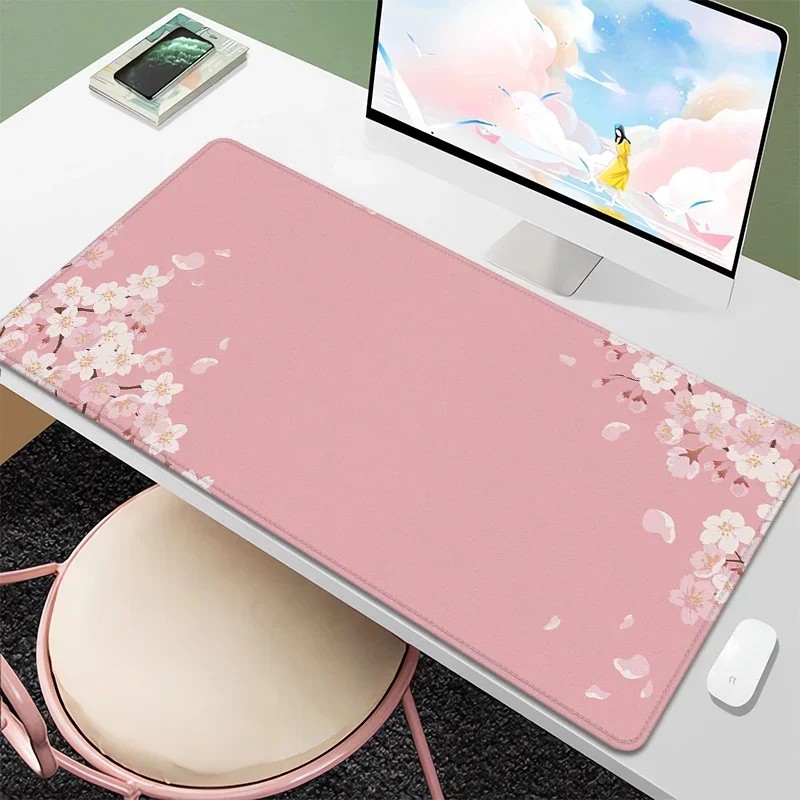 Desk Setup Girly - แผ่นรองเมาส์ขนาดใหญ่ VIKAMA ลายดอกซากุระ, แผ่นรองโต๊ะสไตล์เฟรชอินส์พร้อมฐานกันลื่นและขอบเย็บอย่างดี, แผ่นรองคีย์บอร์ดสำหรับสาวๆ
