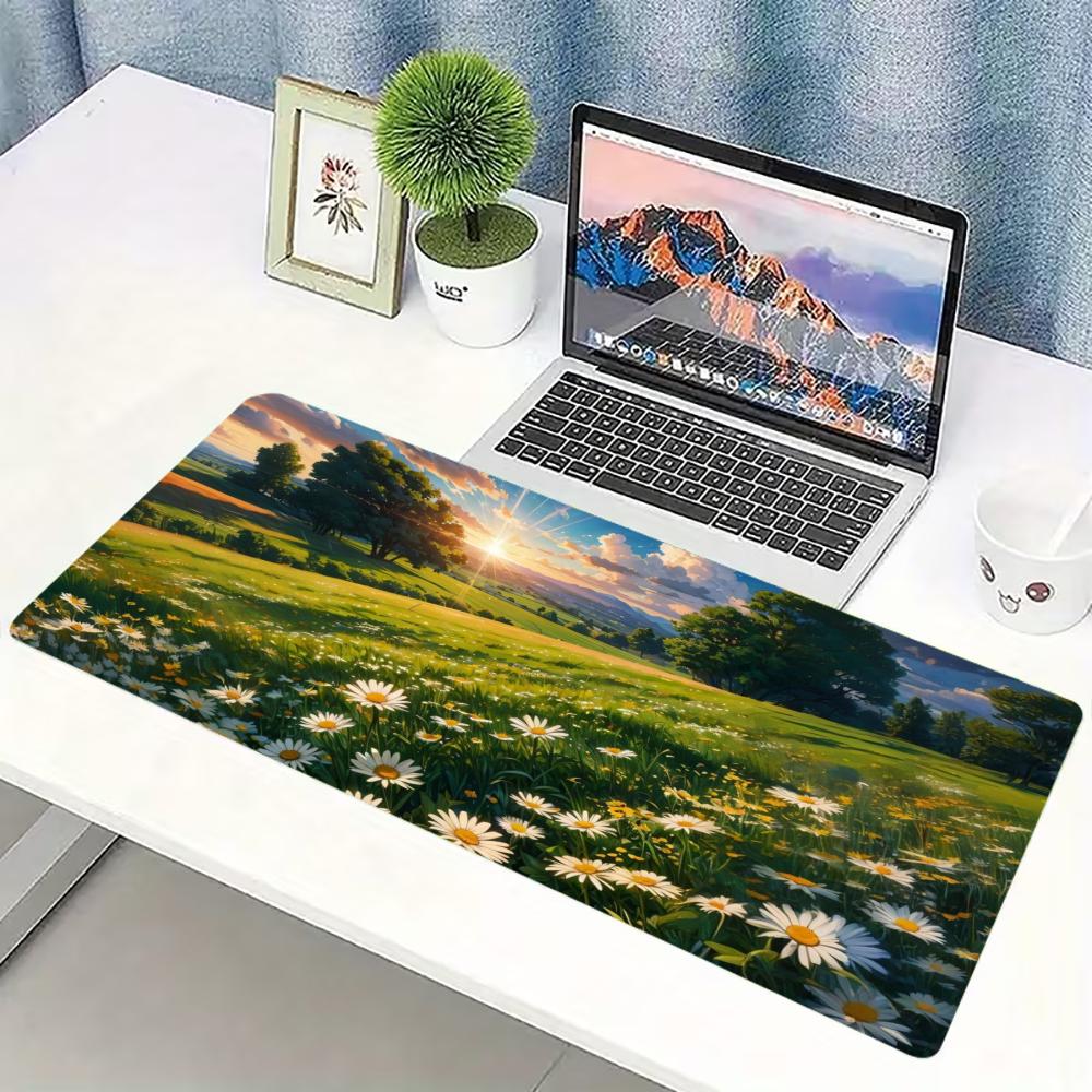 Desk Setup Natural - แผ่นรองเมาส์เกมมิ่งขนาดใหญ่ลายทุ่งเดซี่ธรรมชาติ พื้นผิวกันลื่นสำหรับโต๊ะทำงาน ลายวิวทิวทัศน์ยามเช้า เหมาะสำหรับการเล่นเกมและการใช้งานในสำนักงาน