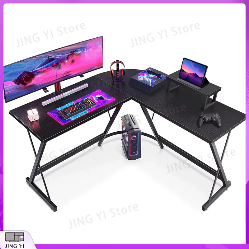 L Shaped Desk Setup - โต๊ะเล่นเกมรูปตัว L พร้อมขาตั้งจอภาพ 127x127x75 ซม. โต๊ะคอมพิวเตอร์สำหรับการตั้งค่าเกม