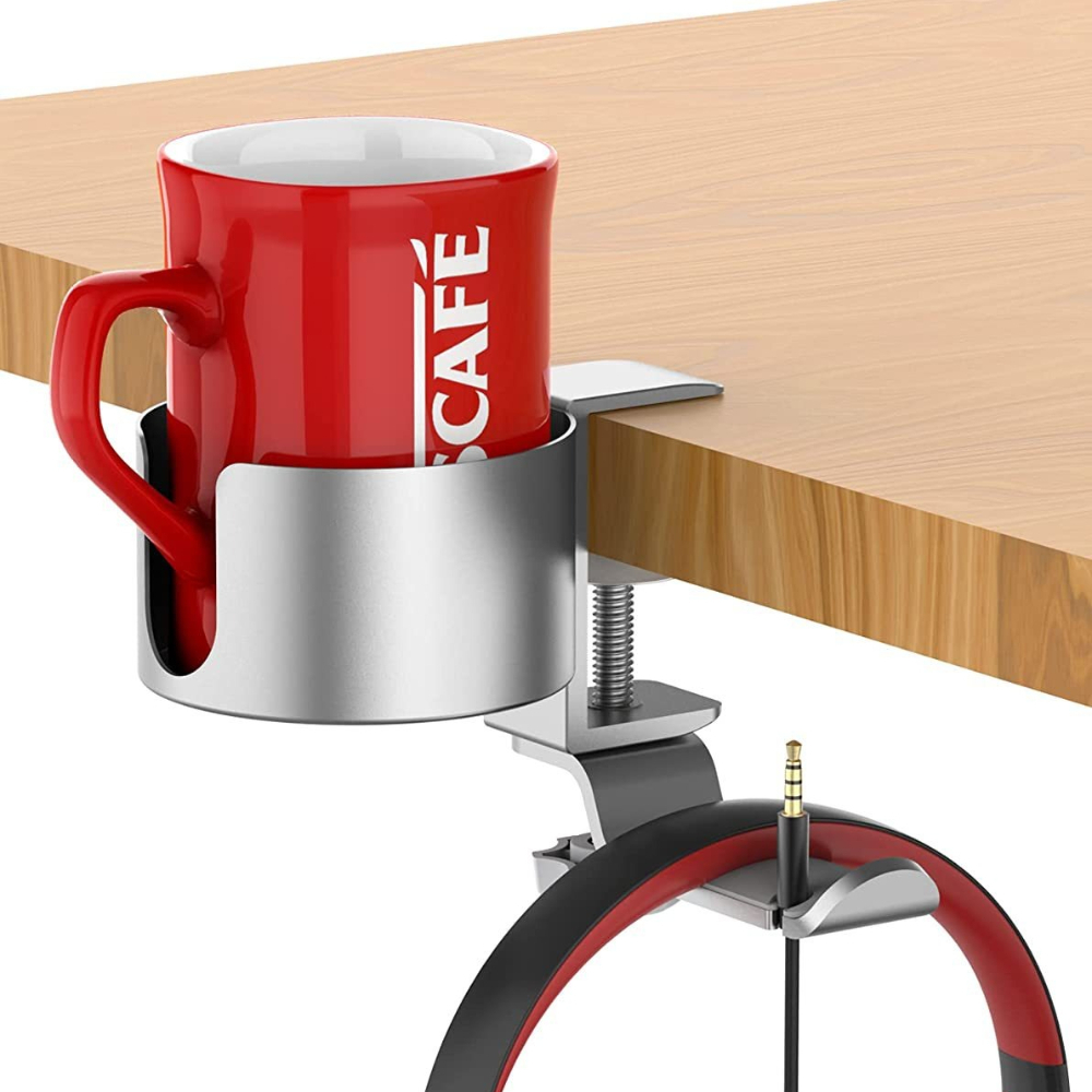 Desk Setup For Office - 360 ° ที่วางหูฟังแบบหมุนได้พร้อมที่วางแก้ว ที่ยึดอะลูมิเนียมแบบหนีบ ไม่ต้องเจาะ สำหรับการติดตั้งบนโต๊ะทำงานเล่นเกม