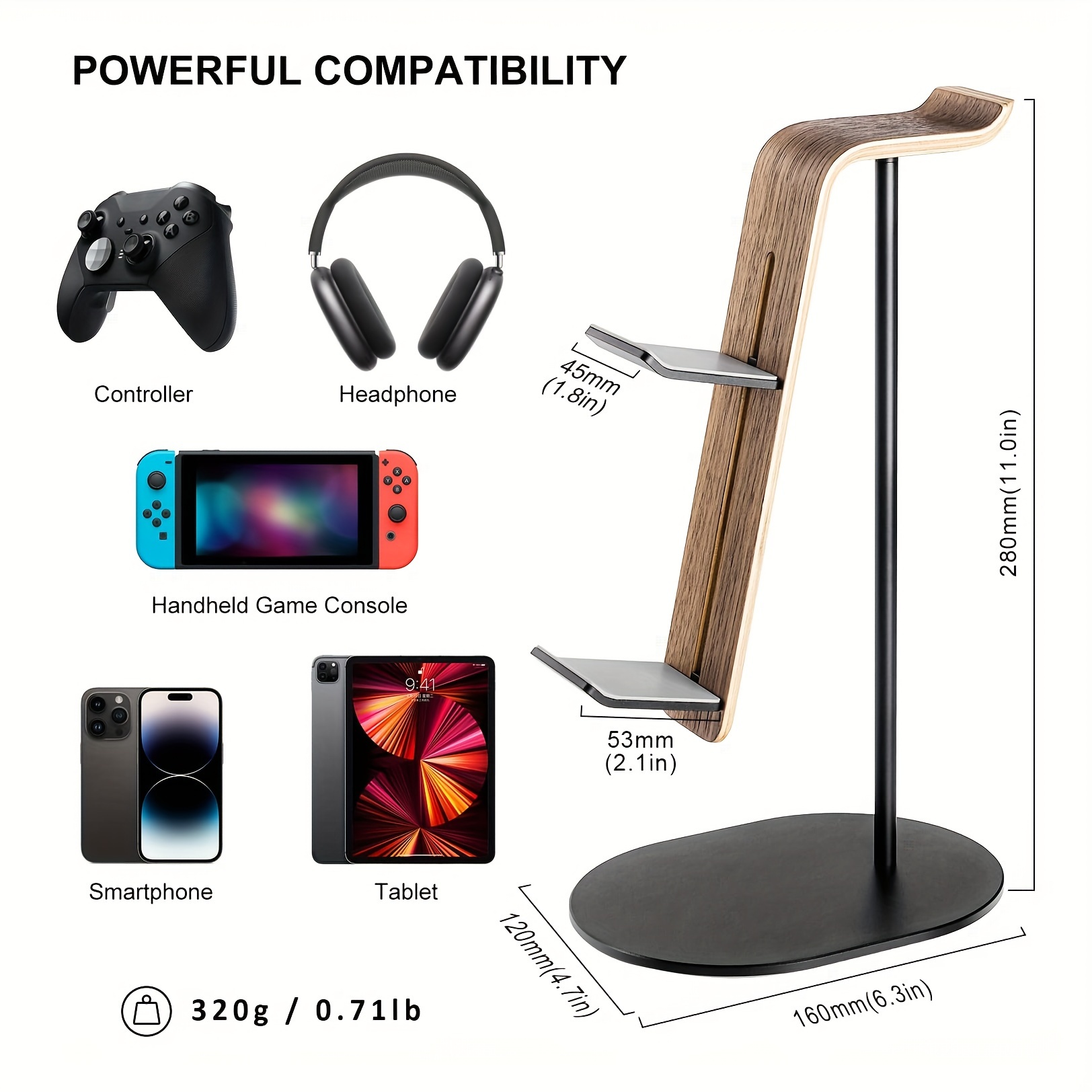 Desk Setup Gaming - ที่วางคอนโทรลเลอร์และหูฟังไม้, ขาตั้งหูฟังสำหรับเล่นเกมแบบสากลสำหรับ PS5 PS4 Xbox One