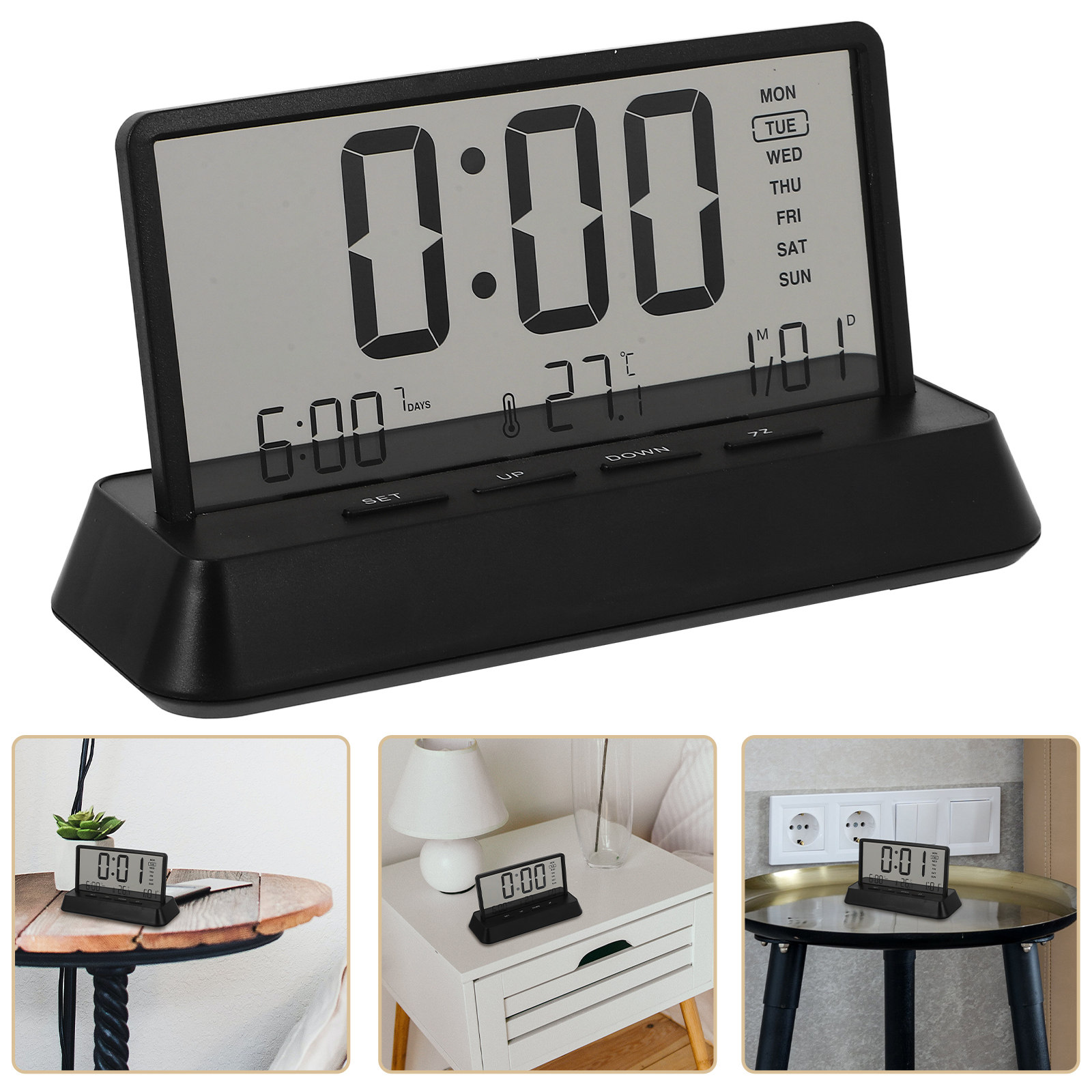 Desk Setup For Office - นาฬิกาปลุกดิจิตอลขนาดเล็กกะทัดรัด ตัวเรือนพลาสติก นาฬิกาตั้งโต๊ะข้างเตียง ตั้งค่าได้ง่าย เสียงปลุกดัง เหมาะสำหรับห้องนอน