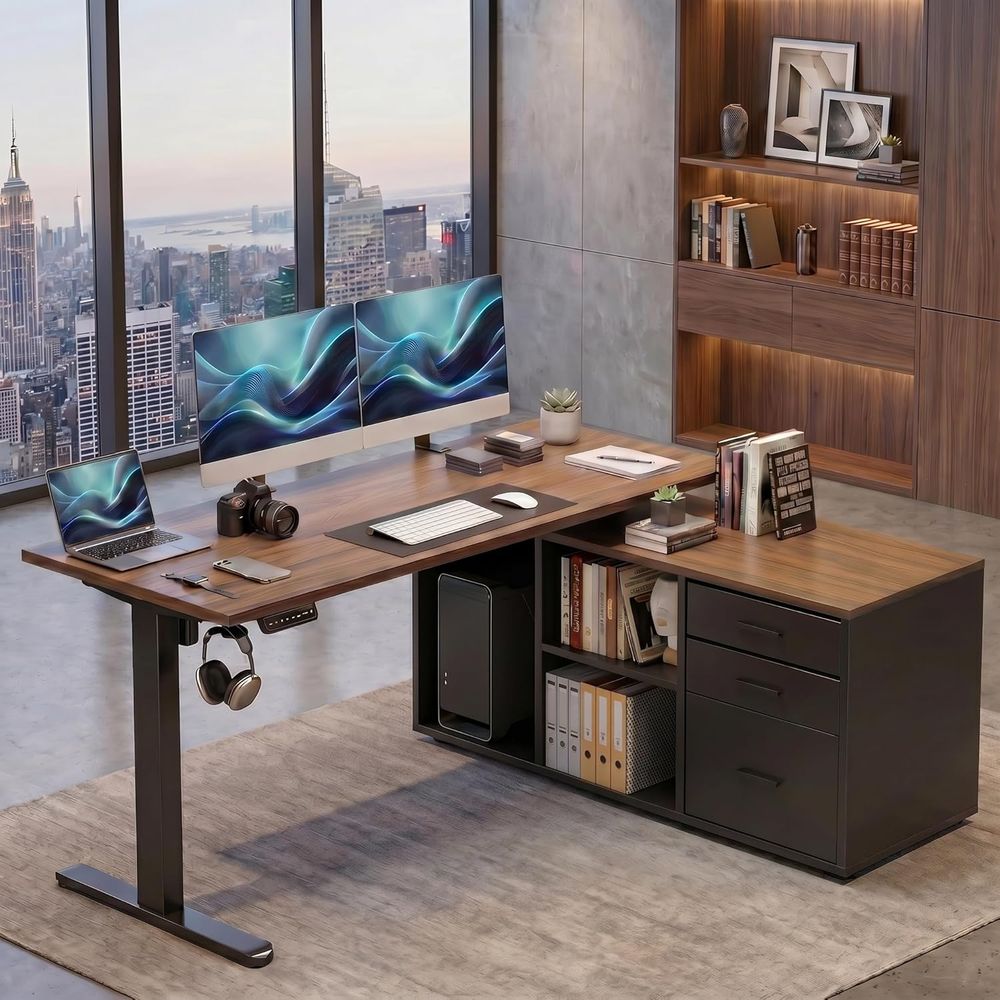 L Shaped Desk Setup - โต๊ะทำงานแบบยืนรูปตัว L ขนาด 55 นิ้ว พร้อมลิ้นชัก